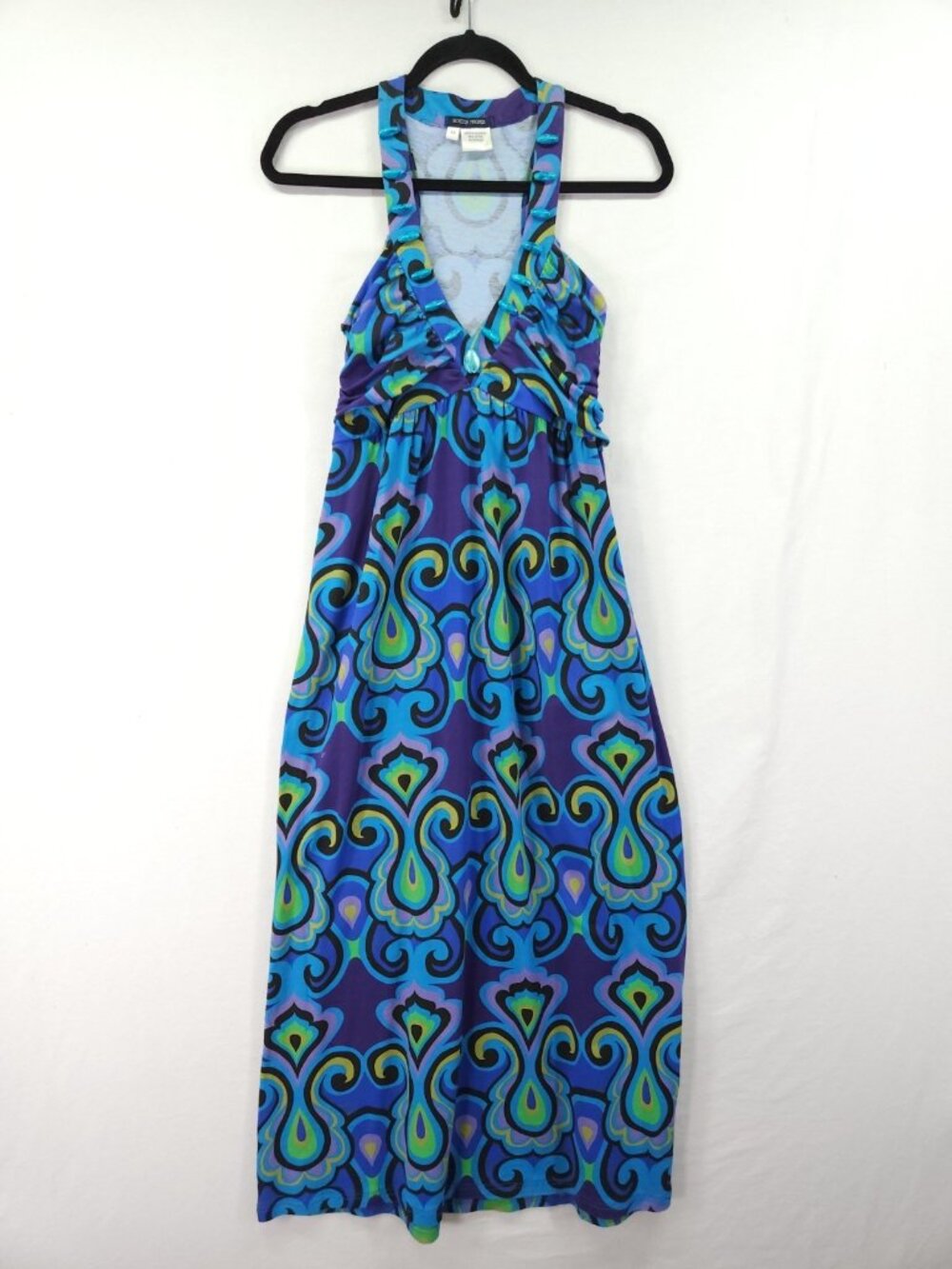 Boston Proper Size XS Blue Paisley Beaded V-Neck Empire Waist Boho Maxi Dress - Picture 2 of 14
